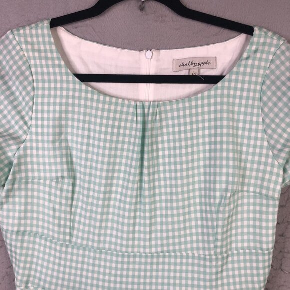 Shabby Apple Dress Womens 12 Green Gingham Fit Flare Short Sleeve Midi Modest - Picture 3 of 7